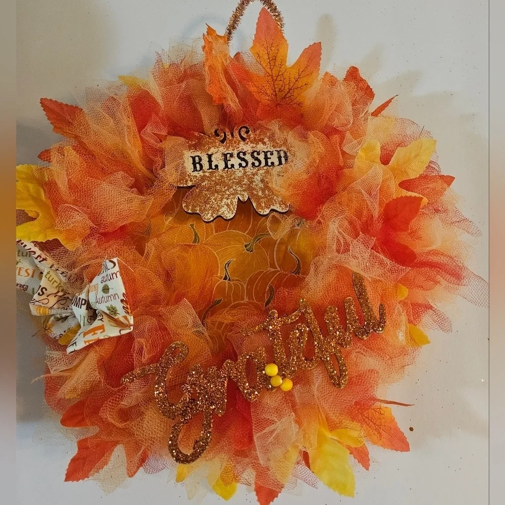 Handmade Fall Holiday Wreath Blessed Grateful Autumn Decor